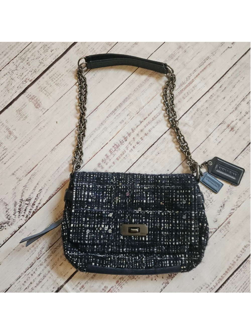 Coach Blue Tweed Chelsea Boucle Flap Shoulder Crossbody Bag Chain Sparkle